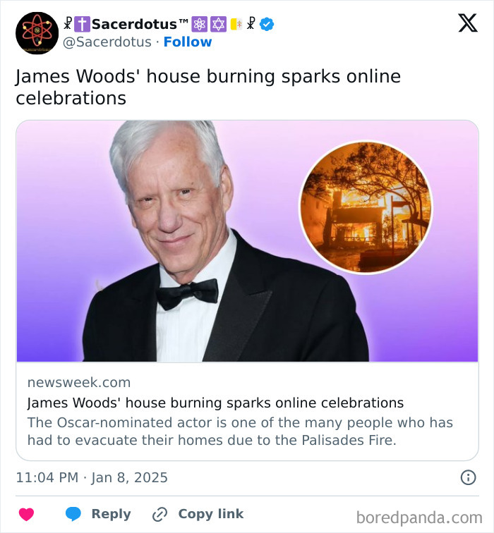 Man in a tuxedo with inset image of a house on fire, headline about house fire and celebrations.