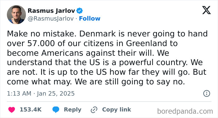 Tweet expressing opposition to Denmark handing over citizens of Greenland to the US; reflects unfiltered thoughts on the issue.