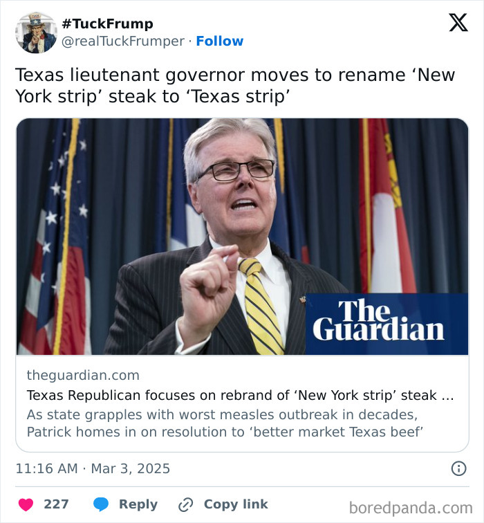 Texas official discusses renaming 'New York strip' to 'Texas strip', standing in front of flags and speaking.