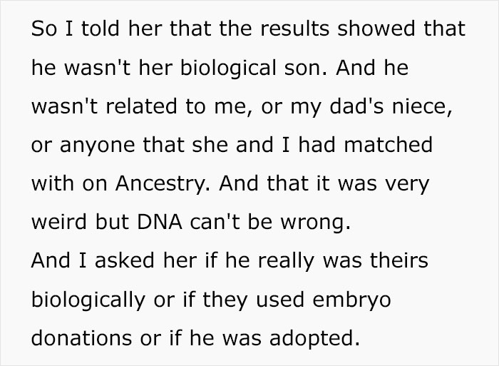 Text about surprising DNA results discussing biological relationships and potential adoption or embryo donation. Text about surprising DNA results discussing biological relationships and potential adoption or embryo donation.