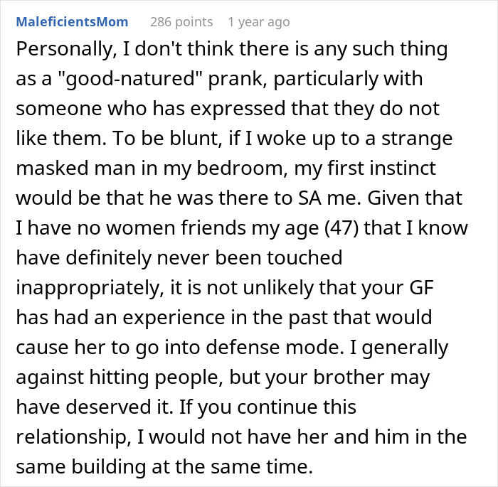 Text discussion about family wanting a man to end relationship after girlfriend responds to brother's prank. Text discussion about family wanting a man to end relationship after girlfriend responds to brother's prank.