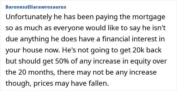 Text from a message discussing a financial interest in a house after a 7-year relationship ends, mentioning equity and mortgage payments. Text from a message discussing a financial interest in a house after a 7-year relationship ends, mentioning equity and mortgage payments.