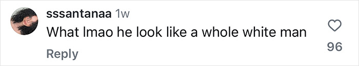Comment questioning Dwayne Johnson's appearance with humor, noting he seems like a different race, with 96 likes. Comment questioning Dwayne Johnson's appearance with humor, noting he seems like a different race, with 96 likes.