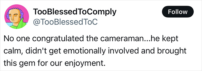 Tweet text on white background stating no one congratulated the calm cameraman who captured the Karen storming cockpit incident. Tweet text on white background stating no one congratulated the calm cameraman who captured the Karen storming cockpit incident.