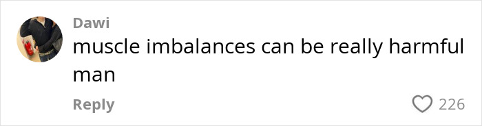 Comment discussing muscle imbalances and their harm related to "The Crooked Man" viral workout trend. Comment discussing muscle imbalances and their harm related to "The Crooked Man" viral workout trend.