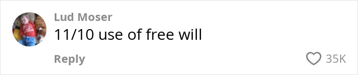 Comment praising 19-year-old "The Crooked Man" for unique workout approach, saying "11/10 use of free will", with 35K likes. Comment praising 19-year-old "The Crooked Man" for unique workout approach, saying "11/10 use of free will", with 35K likes.