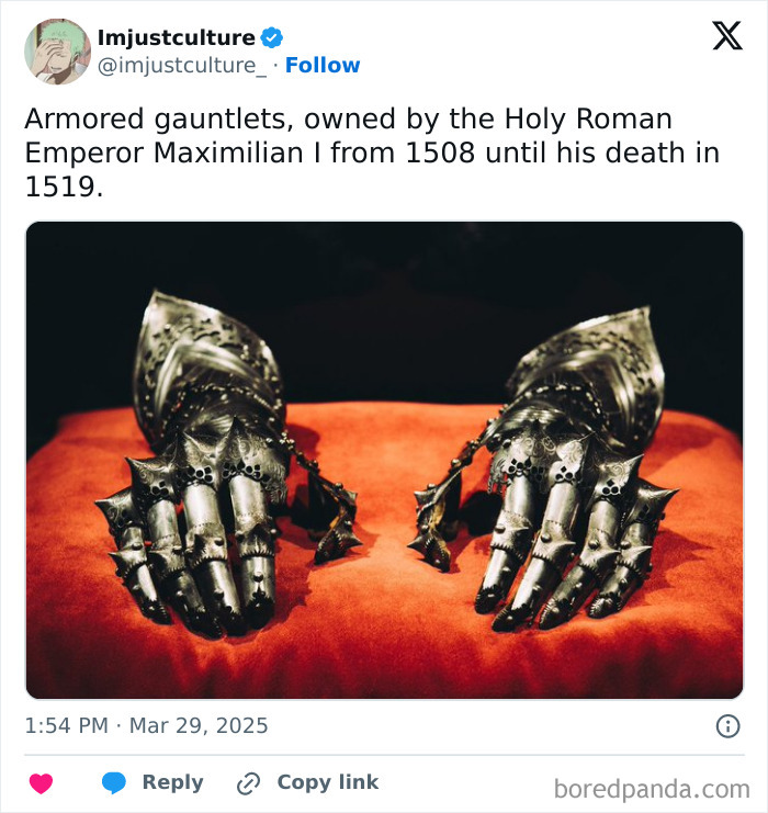 Armored gauntlets on display, once owned by Emperor Maximilian I, showcasing historical facts.