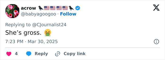 Tweet criticizing a celebrity for unscripted moment with costar, calling her gross. Tweet criticizing a celebrity for unscripted moment with costar, calling her gross.