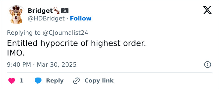 Tweet criticizing "hypocrite" behavior, featuring a user's response in a digital interface. Tweet criticizing "hypocrite" behavior, featuring a user's response in a digital interface.