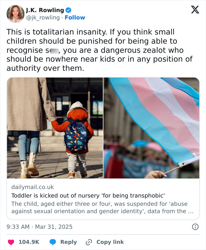 JK Rowling reacts to toddler's suspension for alleged transphobia, sparking controversy online. JK Rowling reacts to toddler's suspension for alleged transphobia, sparking controversy online.