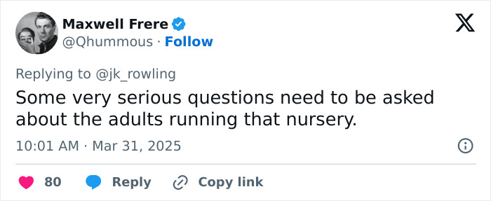 Tweet replying to JK Rowling about school suspension and transphobia concerns with 80 likes. Tweet replying to JK Rowling about school suspension and transphobia concerns with 80 likes.