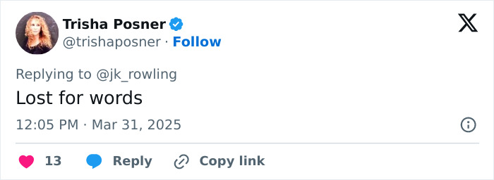 Tweet reply mentioning JK Rowling about toddler’s school suspension, expressing being "Lost for words". Tweet reply mentioning JK Rowling about toddler’s school suspension, expressing being "Lost for words".