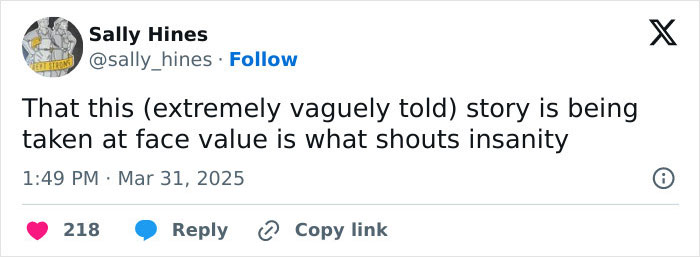 Tweet by Sally Hines questioning a vaguely told story about a school suspension related to transphobia. Tweet by Sally Hines questioning a vaguely told story about a school suspension related to transphobia.