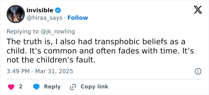 Tweet reply to JK Rowling about transphobia in childhood, discussing common beliefs and their evolution over time. Tweet reply to JK Rowling about transphobia in childhood, discussing common beliefs and their evolution over time.