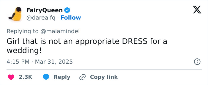 Tweet reacting to Sydney Sweeney's dress choice at a wedding, questioning its appropriateness. Tweet reacting to Sydney Sweeney's dress choice at a wedding, questioning its appropriateness.