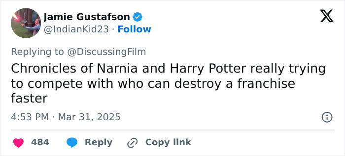 Tweet criticizing potential Narnia reboot, comparing it with Harry Potter, stirring outrage. Tweet criticizing potential Narnia reboot, comparing it with Harry Potter, stirring outrage.