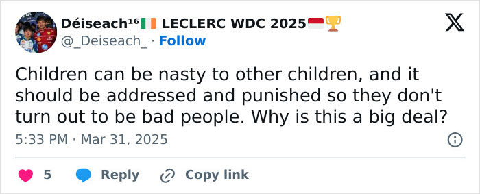 Tweet discussing children's behavior and consequences, related to JK Rowling's comments on transphobia and school suspension. Tweet discussing children's behavior and consequences, related to JK Rowling's comments on transphobia and school suspension.