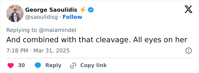 Tweet by George Saoulidis commenting on Sydney Sweeney's dress and its effect at Glen Powell's sister's wedding. Tweet by George Saoulidis commenting on Sydney Sweeney's dress and its effect at Glen Powell's sister's wedding.