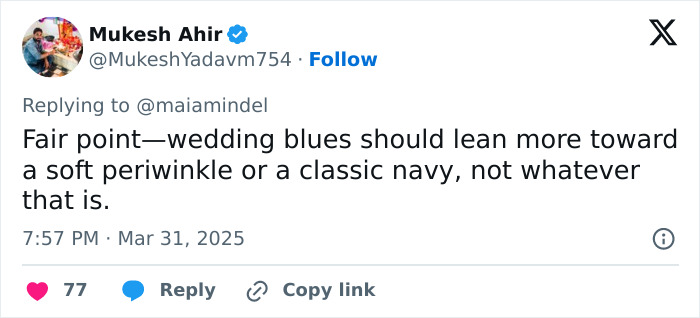 Tweet critiquing Sydney Sweeney's wedding dress color choice, suggesting periwinkle or navy instead. Tweet critiquing Sydney Sweeney's wedding dress color choice, suggesting periwinkle or navy instead.