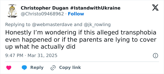 Christopher Dugan questions alleged transphobia incident related to JK Rowling's comments on toddler's school suspension. Christopher Dugan questions alleged transphobia incident related to JK Rowling's comments on toddler's school suspension.