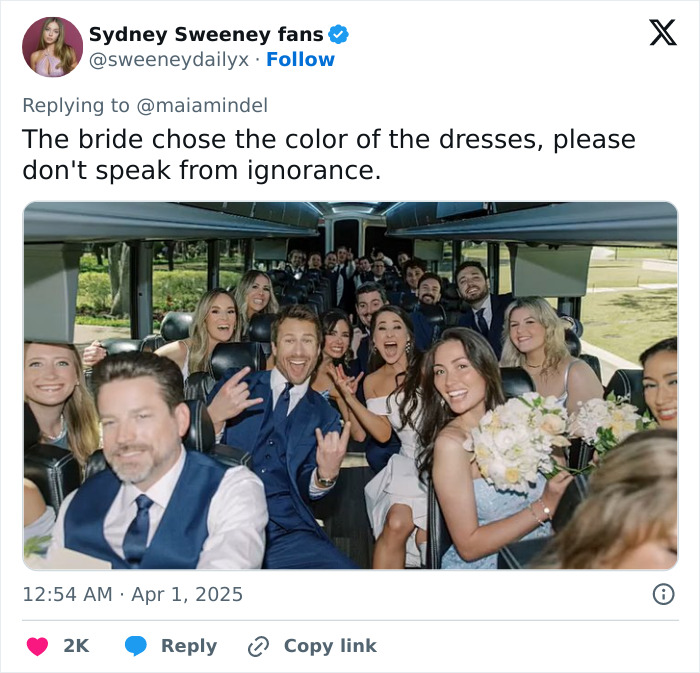 Sydney Sweeney in a light blue dress with wedding attendees on a bus, sparking online debate. Sydney Sweeney in a light blue dress with wedding attendees on a bus, sparking online debate.