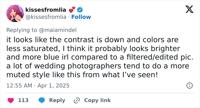 Tweet about muted wedding photography styles, discussing color contrast and saturation, related to Sydney Sweeney's dress debate. Tweet about muted wedding photography styles, discussing color contrast and saturation, related to Sydney Sweeney's dress debate.