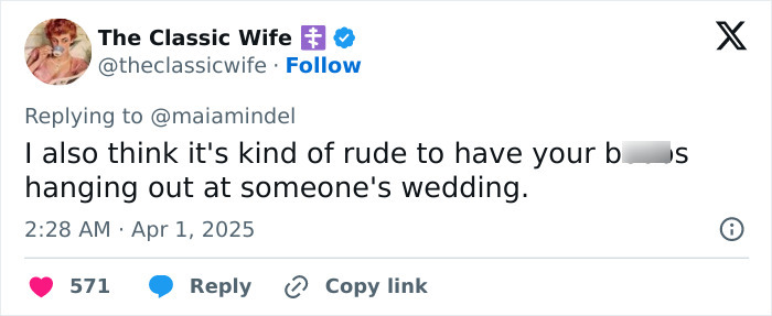 Tweet expressing disapproval of Sydney Sweeney's dress choice at a wedding. Tweet expressing disapproval of Sydney Sweeney's dress choice at a wedding.