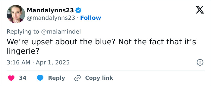 Tweet questioning the choice of blue lingerie, related to Sydney Sweeney's dress controversy at a wedding. Tweet questioning the choice of blue lingerie, related to Sydney Sweeney's dress controversy at a wedding.