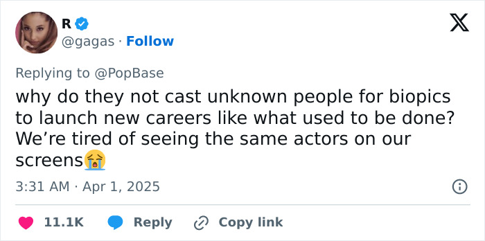 Tweet questioning casting choices in Beatles biopic, highlighting desire for new actors in films. Tweet questioning casting choices in Beatles biopic, highlighting desire for new actors in films.