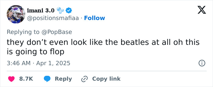 Tweet reacting to Beatles biopic casting, expressing concern over actor resemblance. Tweet reacting to Beatles biopic casting, expressing concern over actor resemblance.