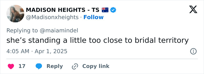 Tweet criticizing Sydney Sweeney's dress at Glen Powell's sister's wedding, hinting it's too bridal. Tweet criticizing Sydney Sweeney's dress at Glen Powell's sister's wedding, hinting it's too bridal.