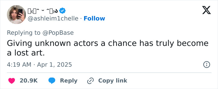 Tweet discussing casting choices and giving unknown actors a chance in the Beatles biopic. Tweet discussing casting choices and giving unknown actors a chance in the Beatles biopic.