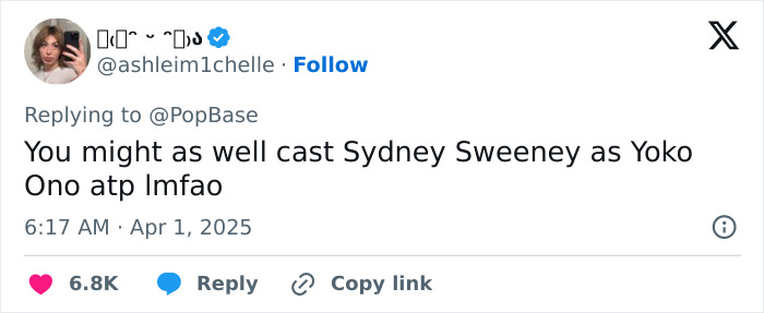 Tweet comment about Beatles biopic casting, expressing mixed reactions. Tweet comment about Beatles biopic casting, expressing mixed reactions.