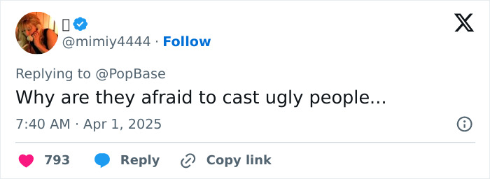 Tweet questioning the casting choices for the Beatles biopic with a focus on appearance. Tweet questioning the casting choices for the Beatles biopic with a focus on appearance.