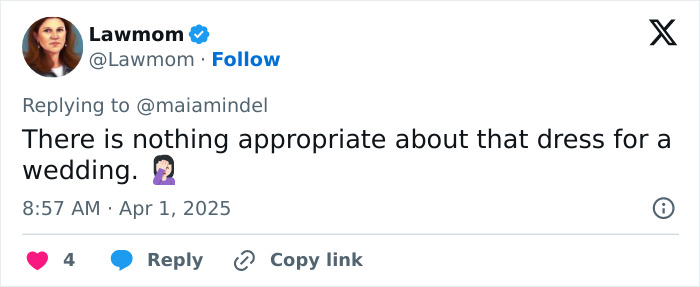 Tweet criticizing Sydney Sweeney's wedding dress choice, claiming it's inappropriate for the event. Tweet criticizing Sydney Sweeney's wedding dress choice, claiming it's inappropriate for the event.