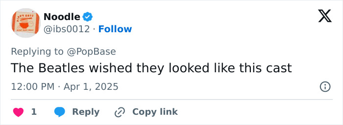 Tweet questioning Beatles biopic casting choices. Tweet questioning Beatles biopic casting choices.