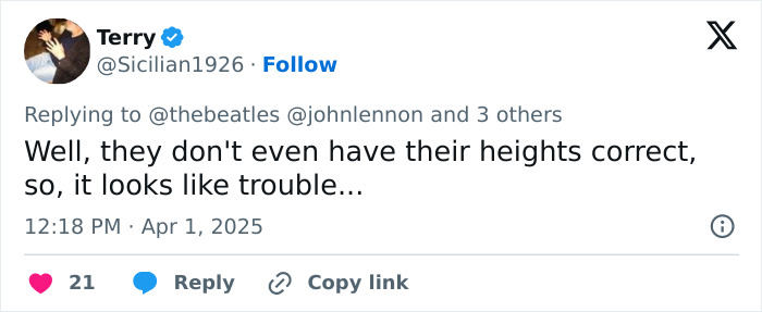 Tweet criticizing casting choices for Beatles biopic, mentioning incorrect heights. Tweet criticizing casting choices for Beatles biopic, mentioning incorrect heights.