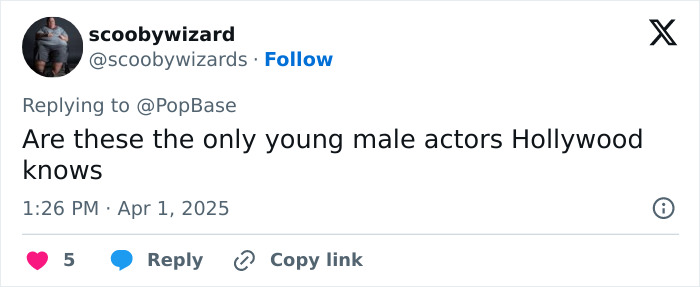 Tweet criticizing casting choices for Beatles biopic, questioning Hollywood's actor selection. Tweet criticizing casting choices for Beatles biopic, questioning Hollywood's actor selection.