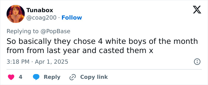 Tweet criticizing the casting choices for The Beatles biopic, highlighting lack of diversity. Tweet criticizing the casting choices for The Beatles biopic, highlighting lack of diversity.