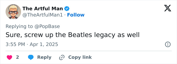A tweet commenting on casting choices for the Beatles biopic, sparking mixed reactions. A tweet commenting on casting choices for the Beatles biopic, sparking mixed reactions.