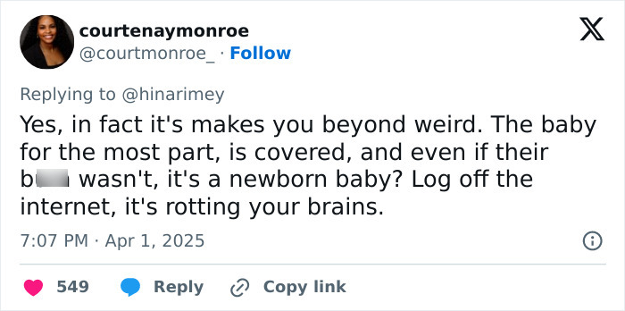 Tweet response discusses internet behavior related to bare baby photo debate. Tweet response discusses internet behavior related to bare baby photo debate.
