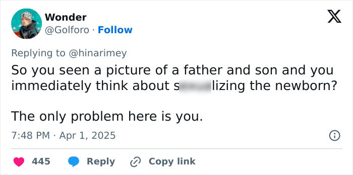 Tweet discussing debate over a controversial baby photo shared online. Tweet discussing debate over a controversial baby photo shared online.
