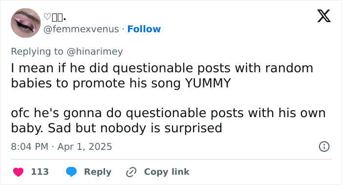 Tweet criticizing questionable posts by Bieber involving his baby and song promotion. Tweet criticizing questionable posts by Bieber involving his baby and song promotion.