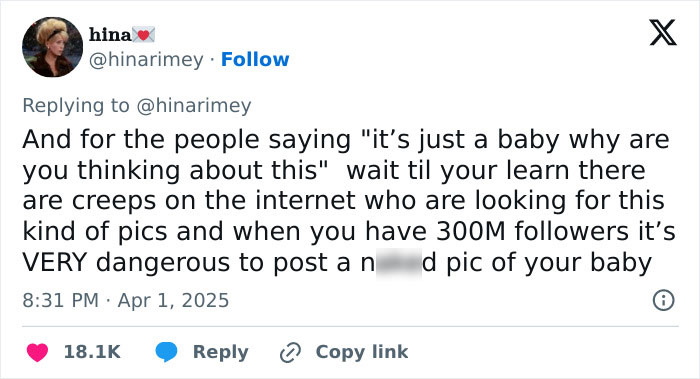 Tweet discussing internet safety concerns, mentioning creeps on the internet in relation to baby photos. Tweet discussing internet safety concerns, mentioning creeps on the internet in relation to baby photos.