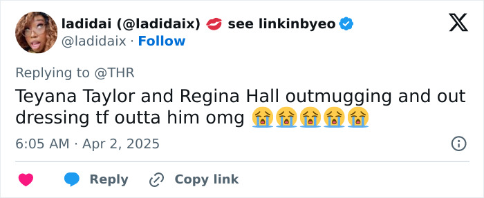 Tweet from user @ladidaix commenting on Teyana Taylor and Regina Hall outshining someone on a red carpet. Tweet from user @ladidaix commenting on Teyana Taylor and Regina Hall outshining someone on a red carpet.