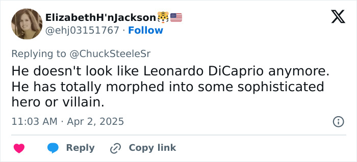 Tweet reacting to Leonardo DiCaprio's midlife crisis look on Las Vegas red carpet. Tweet reacting to Leonardo DiCaprio's midlife crisis look on Las Vegas red carpet.