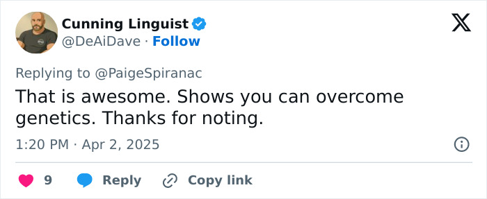 Tweet reaction to influencer's body transformation highlights overcoming genetics. Tweet reaction to influencer's body transformation highlights overcoming genetics.