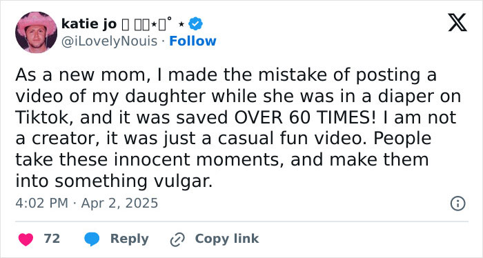 Tweet by a mom about posting her baby’s video on TikTok, highlighting concerns over online misuse. Tweet by a mom about posting her baby’s video on TikTok, highlighting concerns over online misuse.