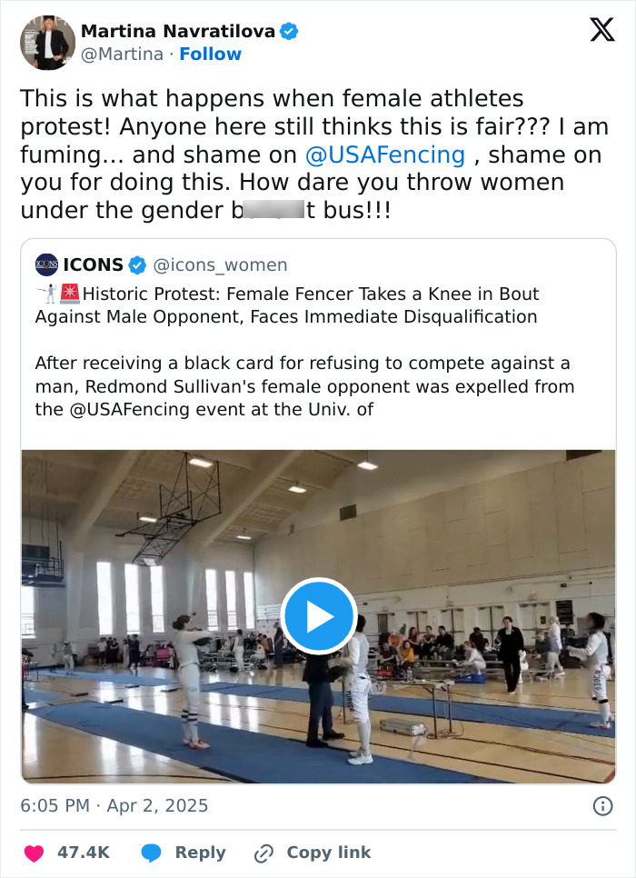Female athlete disqualified from fencing event for not competing against trans opponent, discusses the incident. Female athlete disqualified from fencing event for not competing against trans opponent, discusses the incident.