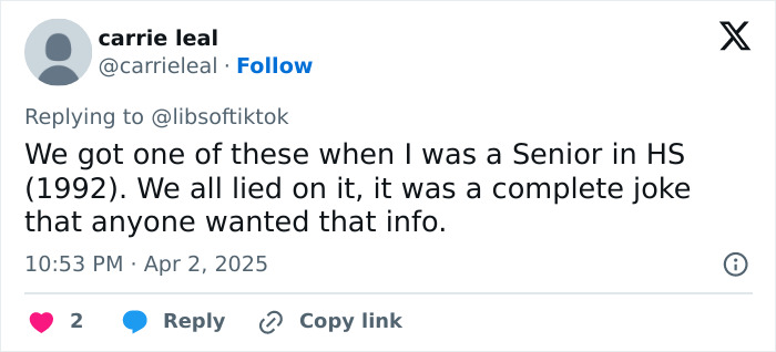 Tweet response mentioning survey experience in high school, referencing concerns similar to parents' reactions to explicit questions. Tweet response mentioning survey experience in high school, referencing concerns similar to parents' reactions to explicit questions.